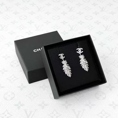 Chanel 25S Silver Full-Diamond Double C Feather Earrings