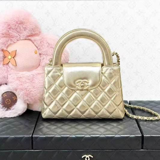 Chanel 25A Gold Metallic Calfskin Diamond Quilted Kelly Nano Chain Bag