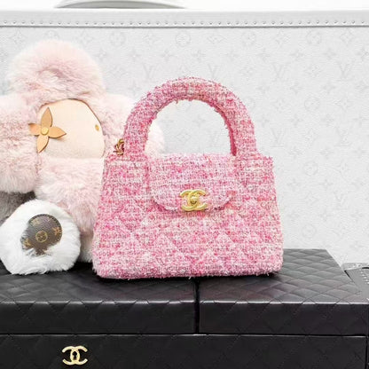 Chanel 24P Pink Gold Buckle Quilted Tweed Kelly Nano Chain Bag