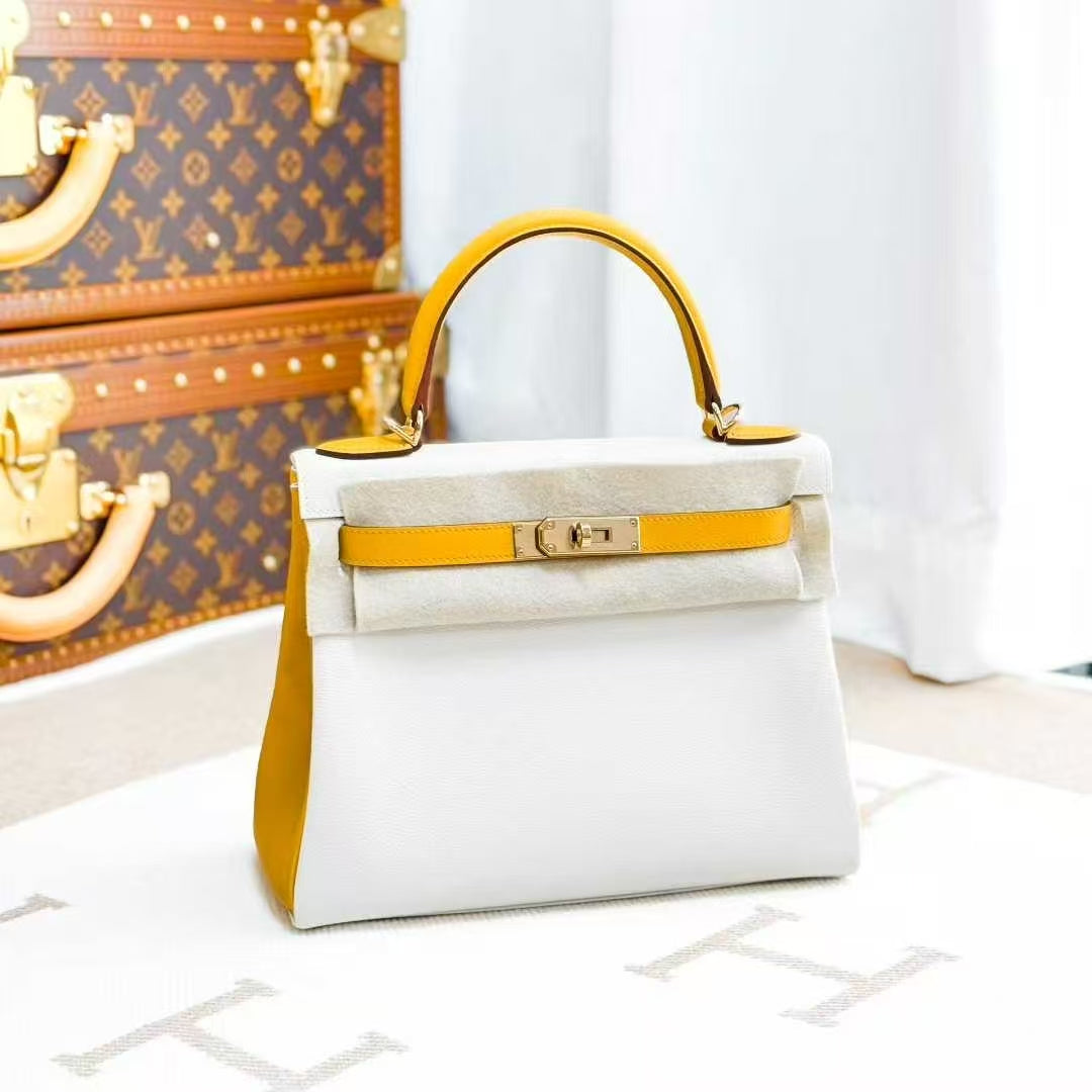 Hermes Kelly 28 Mustard Yellow and White, Gold Hardware