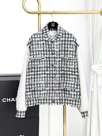Chanel 25P Black and White Checkered Color-Block Long-Sleeve Jacket