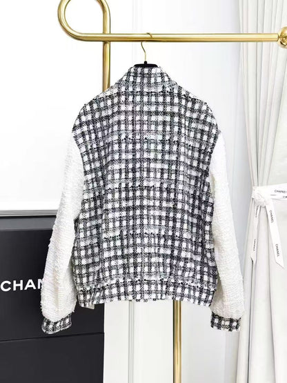 Chanel 25P Black and White Checkered Color-Block Long-Sleeve Jacket