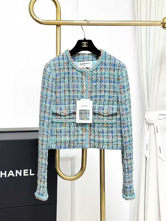 Chanel 25A Atelier Peacock Blue Mixed-Color Tweed Round-Neck Jacket