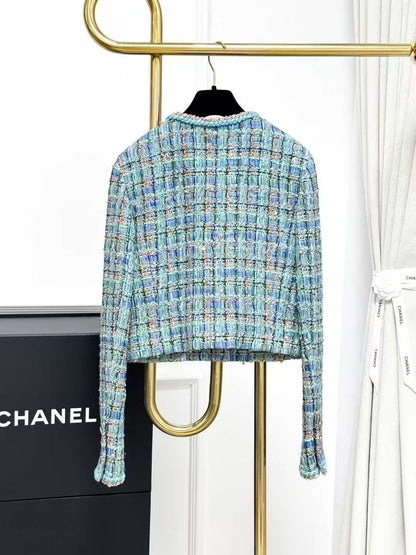Chanel 25A Atelier Peacock Blue Mixed-Color Tweed Round-Neck Jacket