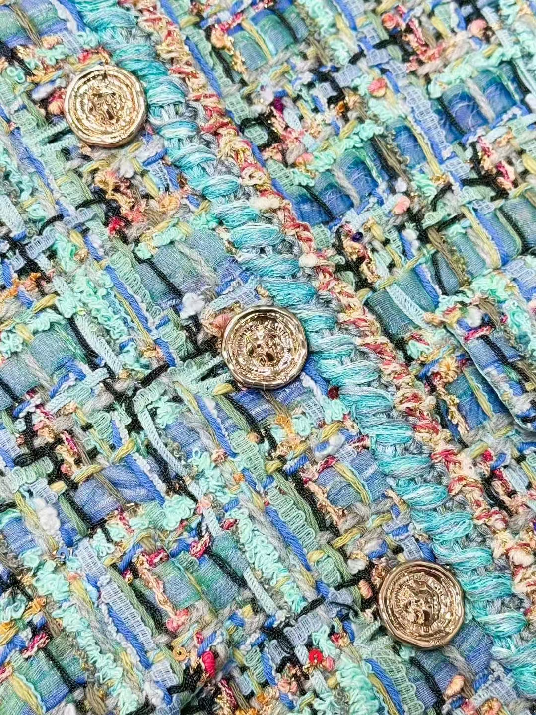 Chanel 25A Atelier Peacock Blue Mixed-Color Tweed Round-Neck Jacket