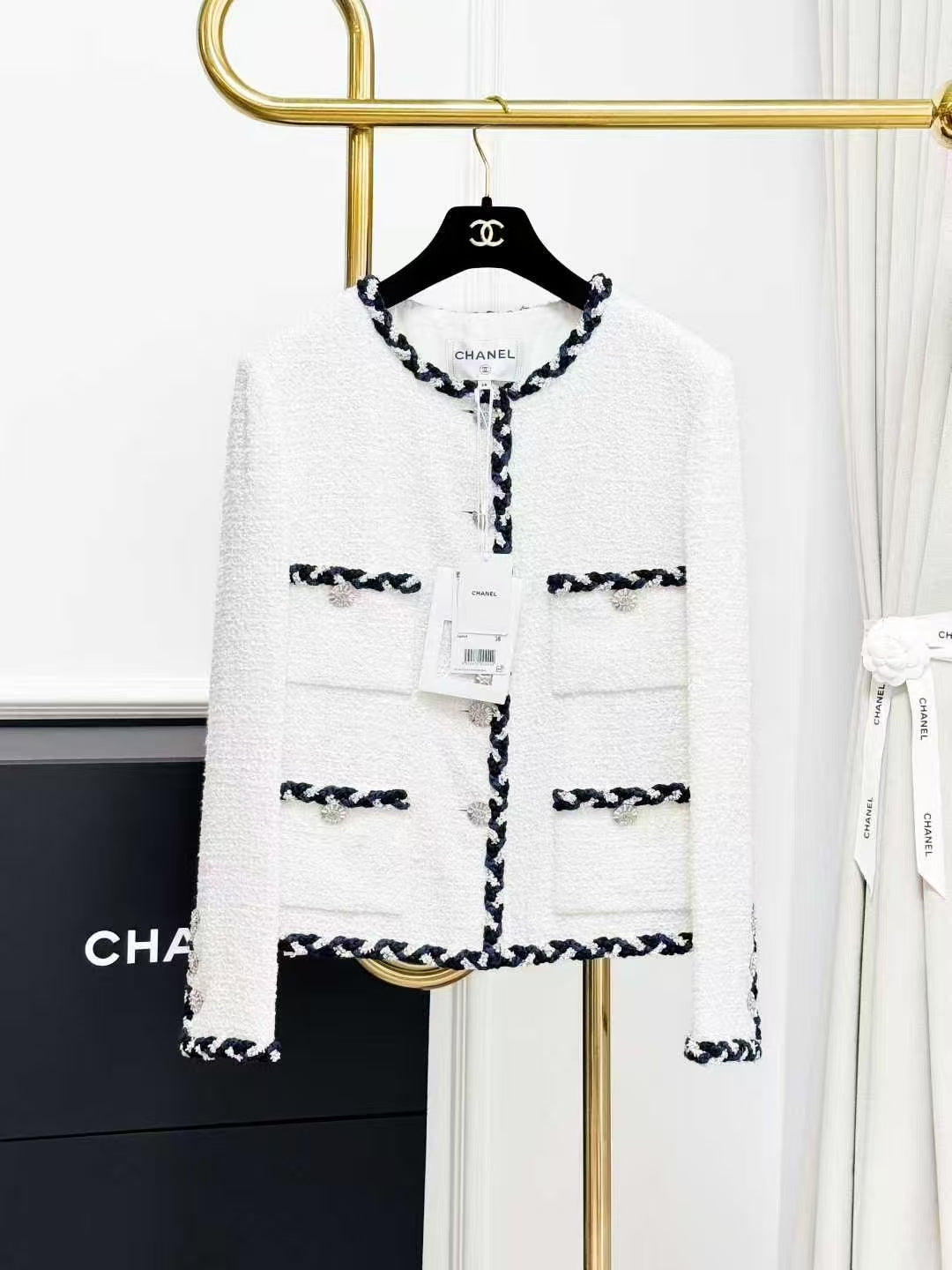Chanel 23C Pre-Spring White Tweed Jacket with Black Trim and Diamond Buckle
