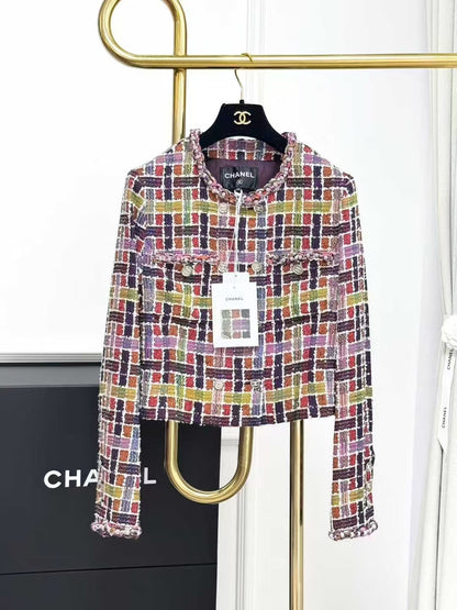 Chanel 23A Color-Blocked Checkered Double-Breasted Round-Neck Mosaic Jacket