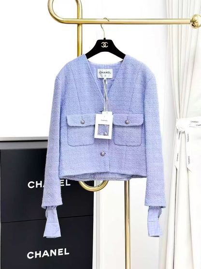 Chanel 24A Purple Tweed Shirt-Sleeve V-Neck Cropped Waistcoat
