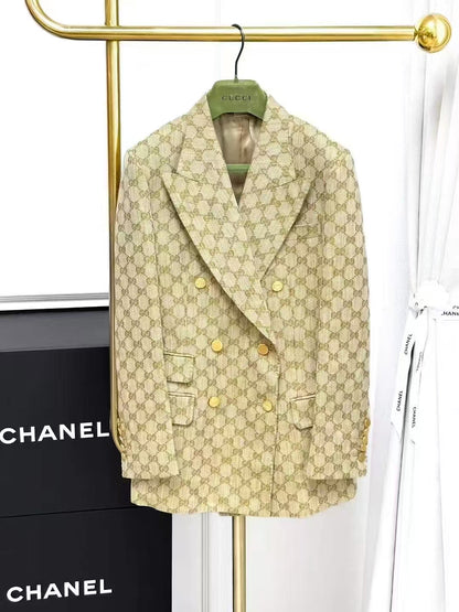 Gucci Classic Monogram Double G All-Over Print Gold Double-Breasted Blazer