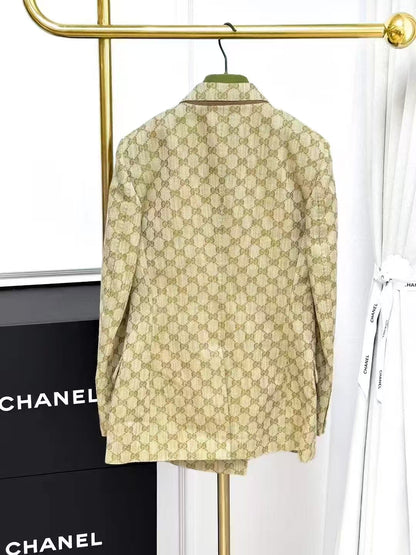 Gucci Classic Monogram Double G All-Over Print Gold Double-Breasted Blazer
