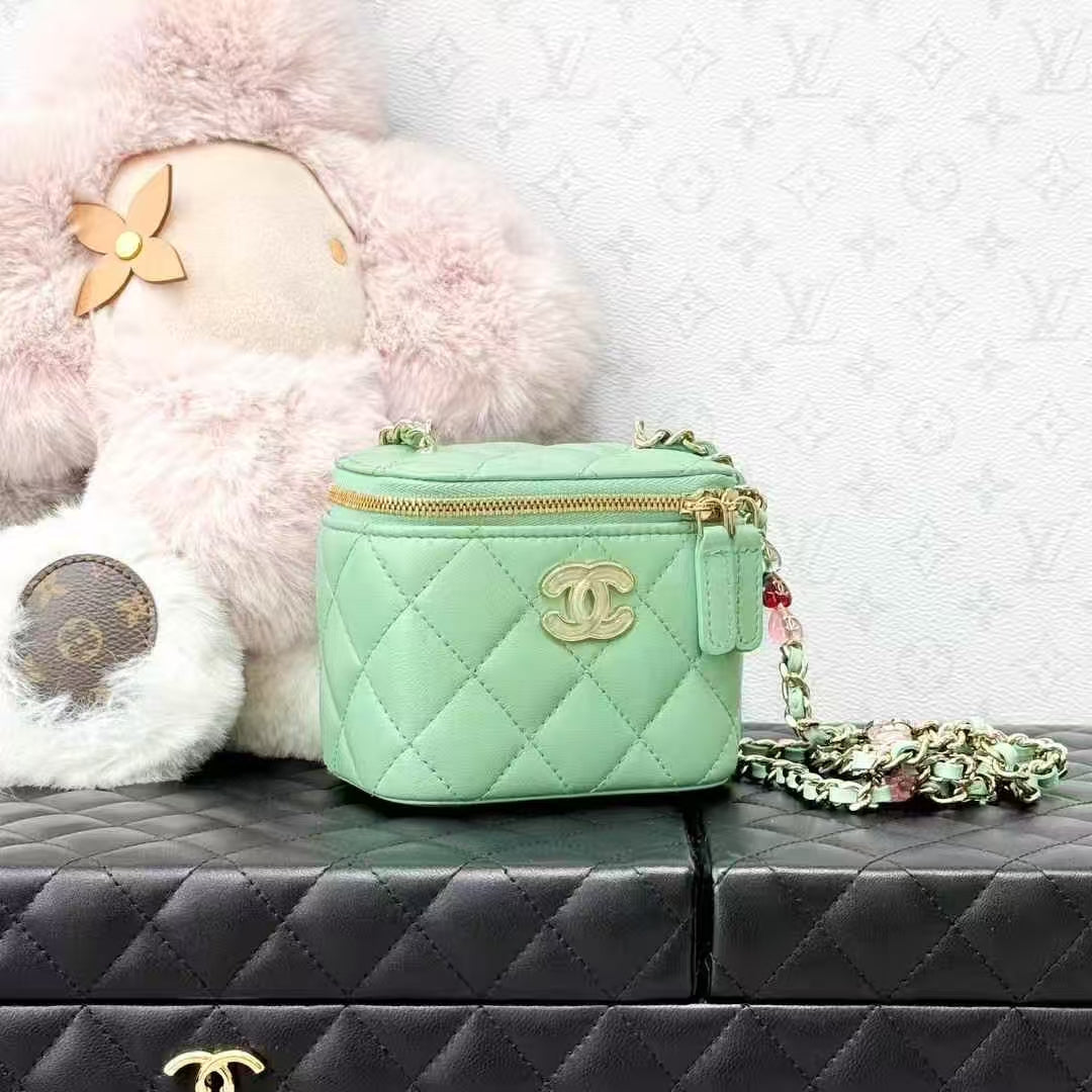 Chanel 23P Mint Green Satin Enamel Leather Chain Mini Box Bag
