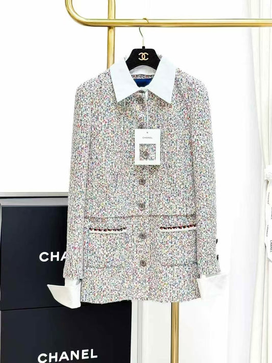 Chanel 25C Color-Blocked Faux Two-Piece Mid-Length Sequined Knit Jacket