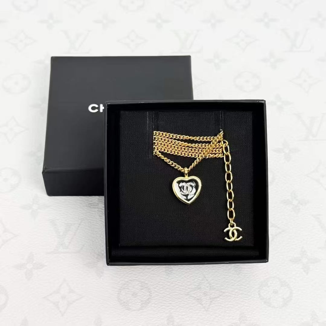 Chanel 25B Black and Gold Heart Enamel Pendant Necklace