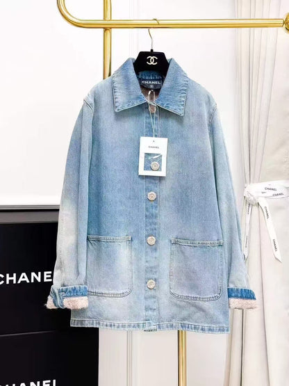 Chanel 24K Light Blue Washed Denim Coated Knit Lined Jacket