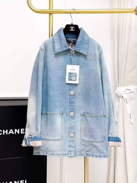 Chanel 24K Light Blue Washed Denim Coated Knit Lined Jacket