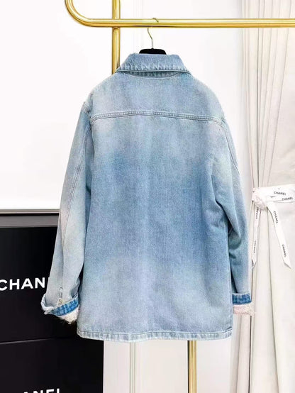 Chanel 24K Light Blue Washed Denim Coated Knit Lined Jacket