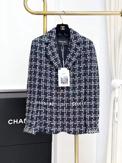 Chanel 23B Navy Blue and White Checkered Knit Jacket