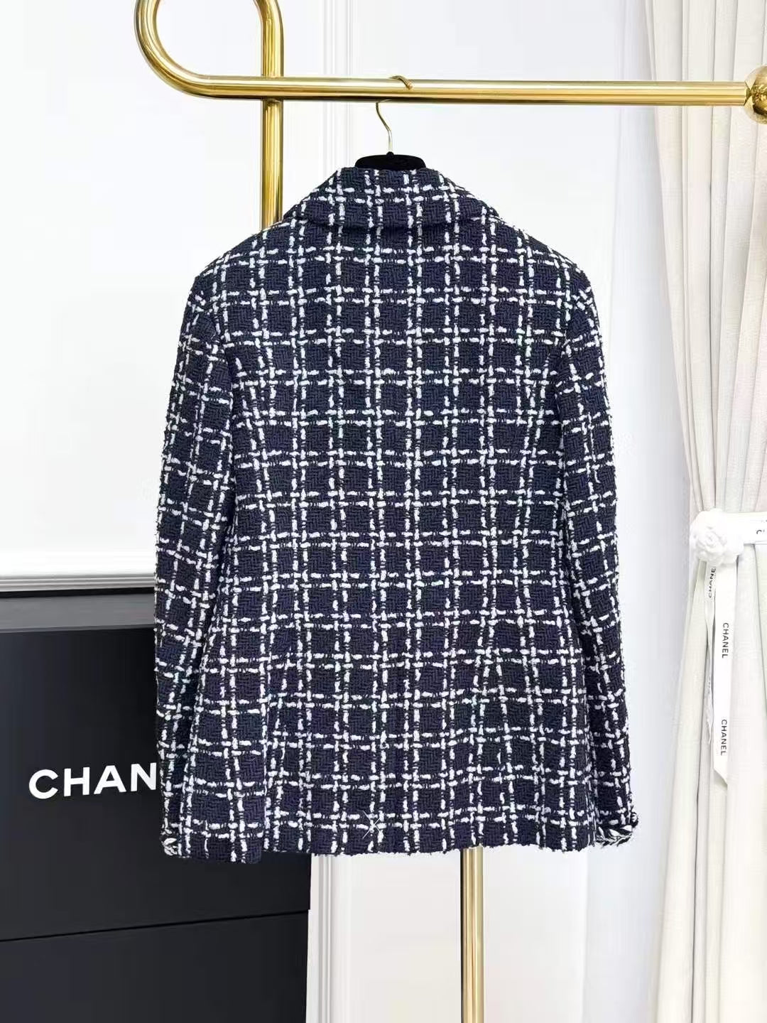 Chanel 23B Navy Blue and White Checkered Knit Jacket