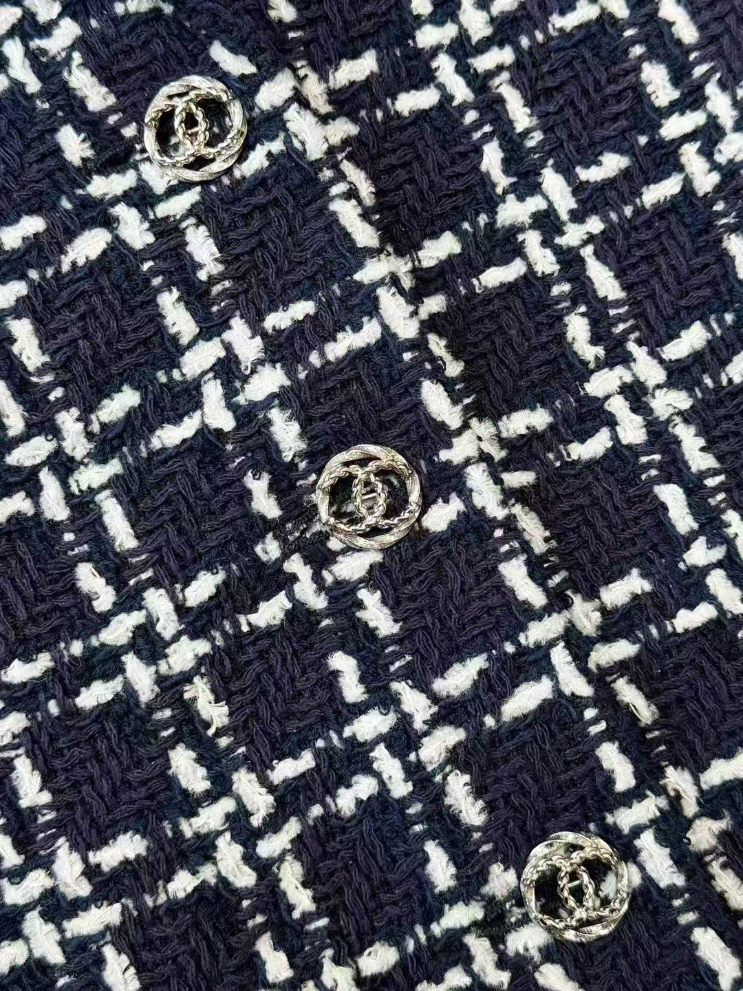 Chanel 23B Navy Blue and White Checkered Knit Jacket