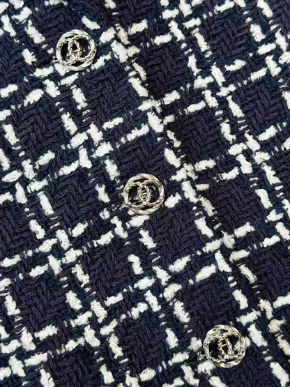Chanel 23B Navy Blue and White Checkered Knit Jacket