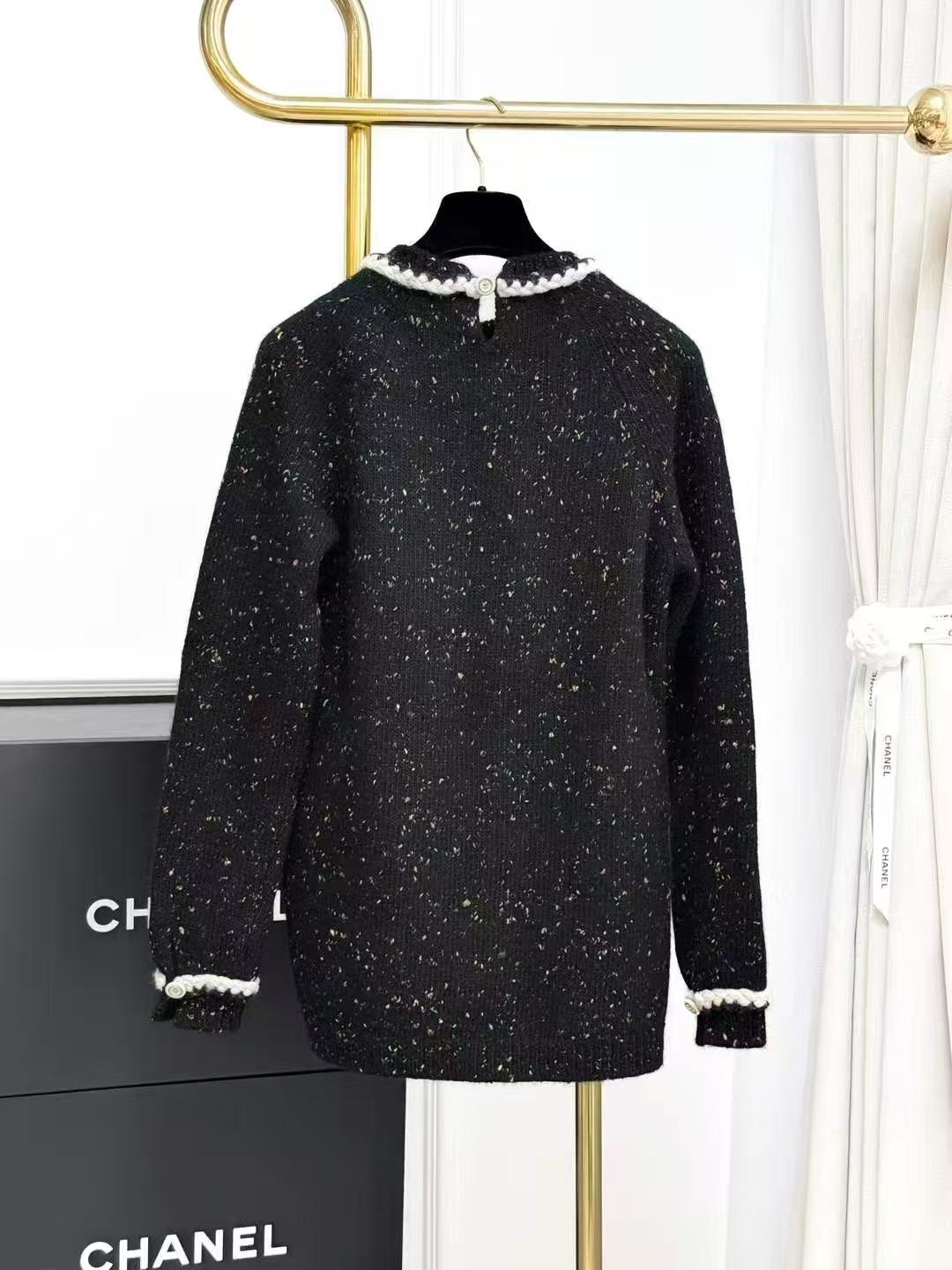 Chanel 24K Black and Multicolor Knit Top with White Trim