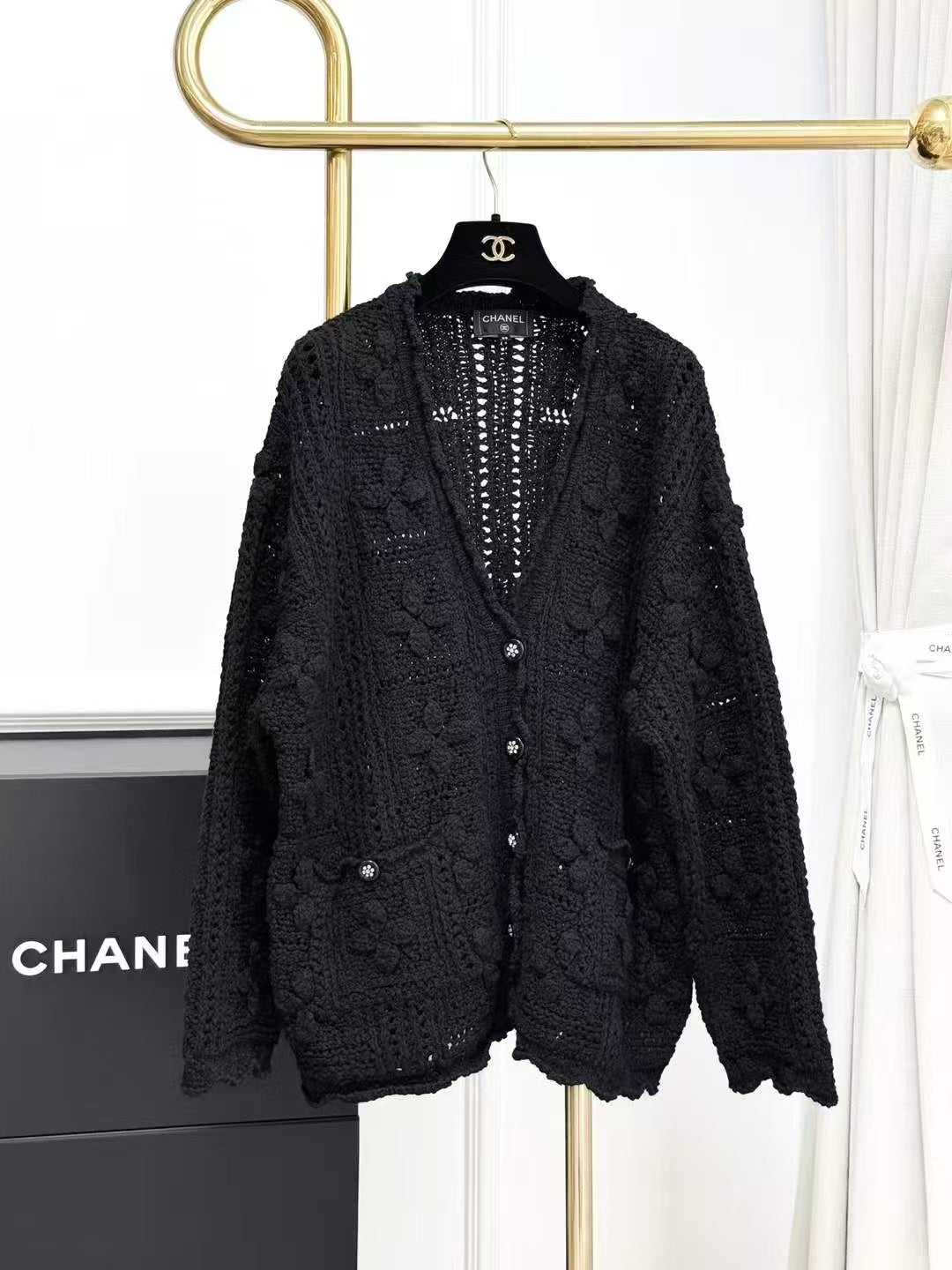 Chanel 25C Black Crochet Knit Cardigan