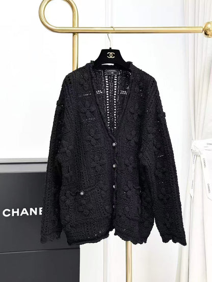 Chanel 25C Black Crochet Knit Cardigan