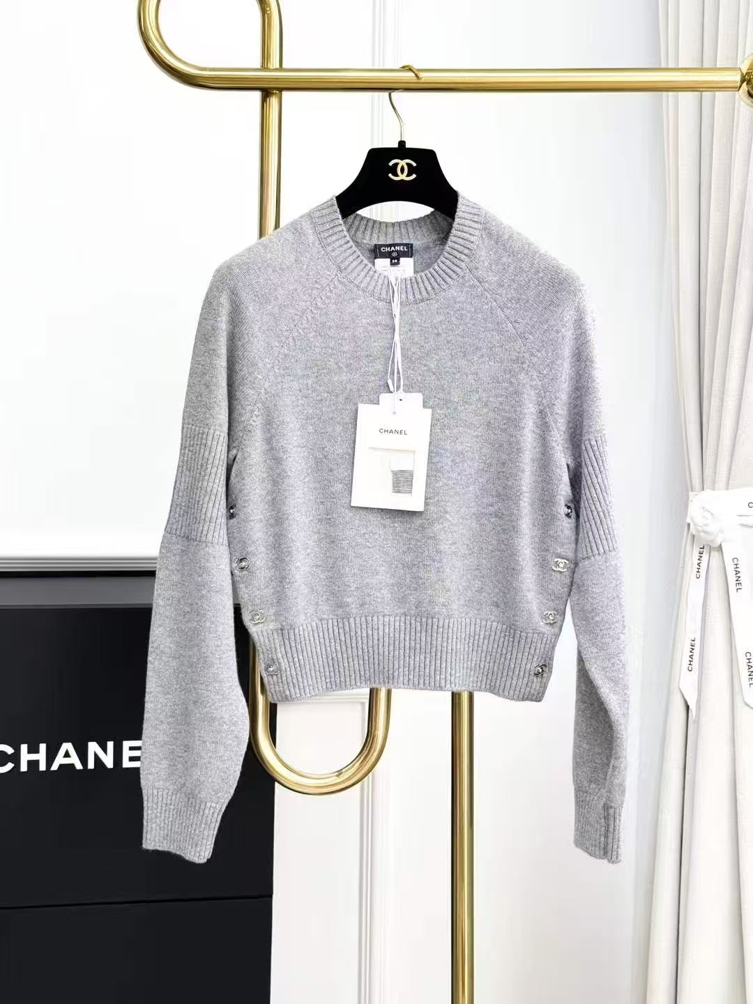 Chanel 24B Gray Bookbag Buckle Cashmere Sweater
