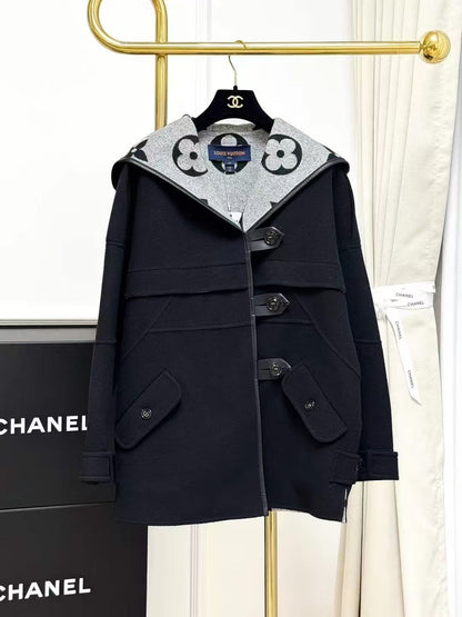 LV Black and Gray Monogram Lining Leather-Trimmed Hooded Coat, Outerwear