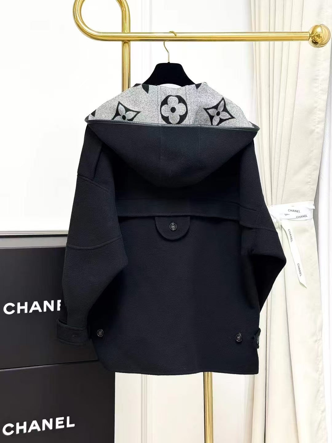 LV Black and Gray Monogram Lining Leather-Trimmed Hooded Coat, Outerwear