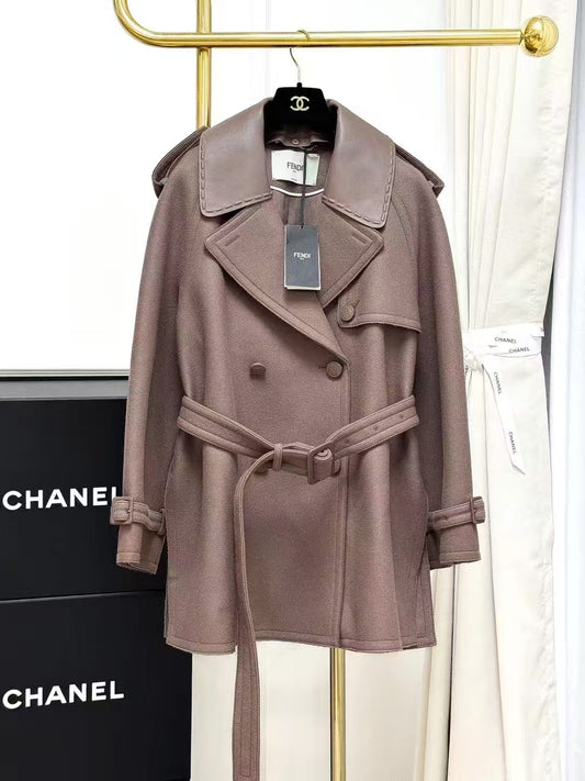 Fendi Red-Brown Patchwork Wool-Blend Collared Coat