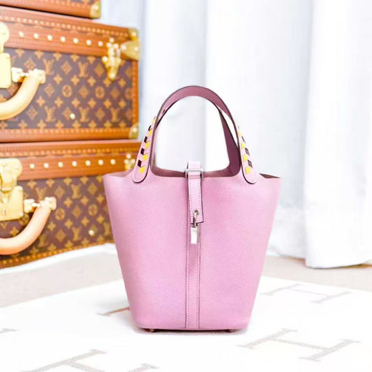 Hermes Picotin in Mallow Purple, Silver Buckle, Woven Handle Bucket Bag