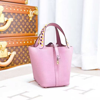 Hermes Picotin in Mallow Purple, Silver Buckle, Woven Handle Bucket Bag