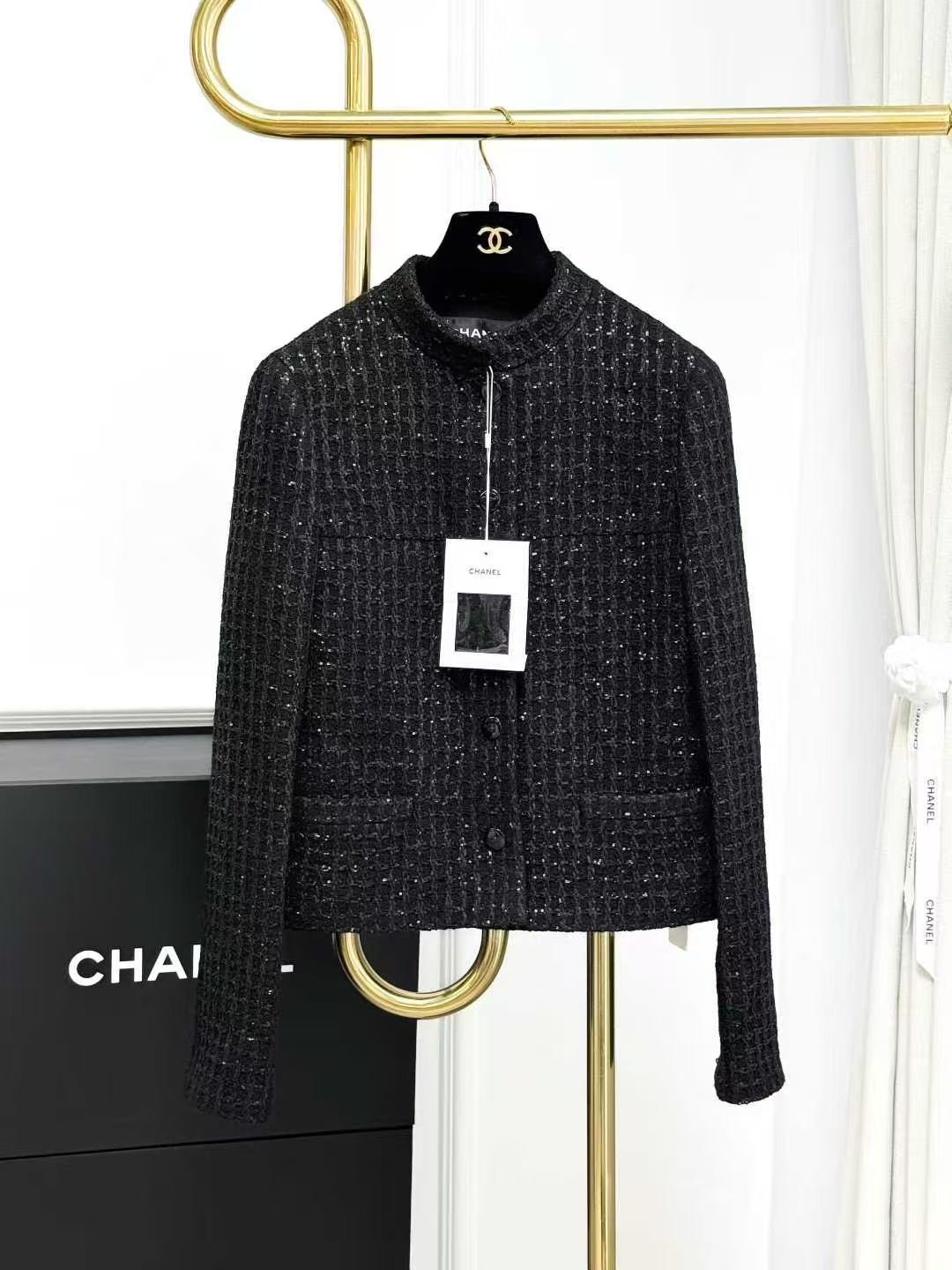 Chanel 25C Black and Gray Checkered Sequined Small Stand Collar Knitted Jacket