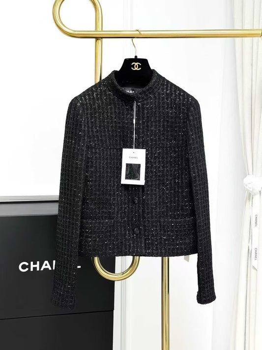 Chanel 25C Black and Gray Checkered Sequined Small Stand Collar Knitted Jacket
