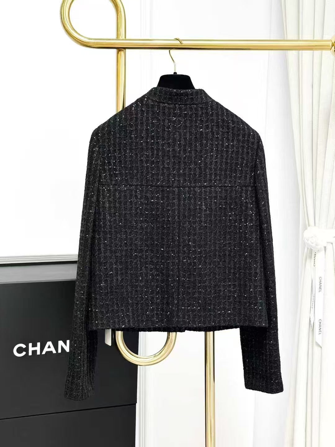 Chanel 25C Black and Gray Checkered Sequined Small Stand Collar Knitted Jacket