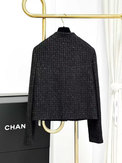 Chanel 25C Black and Gray Checkered Sequined Small Stand Collar Knitted Jacket