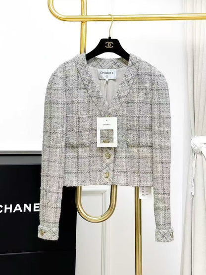 Chanel 25B Grey Mixed-Color Checkered Knit Short Jacket