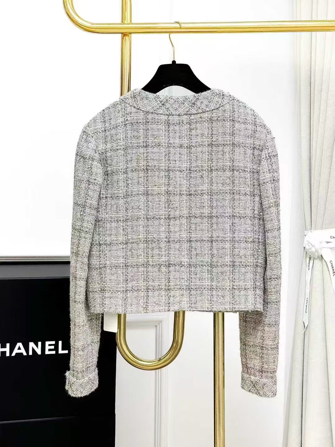 Chanel 25B Grey Mixed-Color Checkered Knit Short Jacket