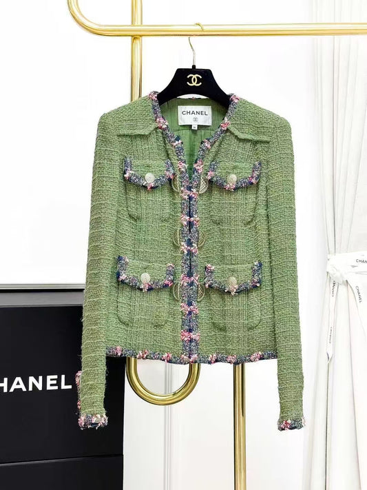 Chanel 17C Cuba Collection Vintage Green Patchwork Jacket with Color-Blocked Trim