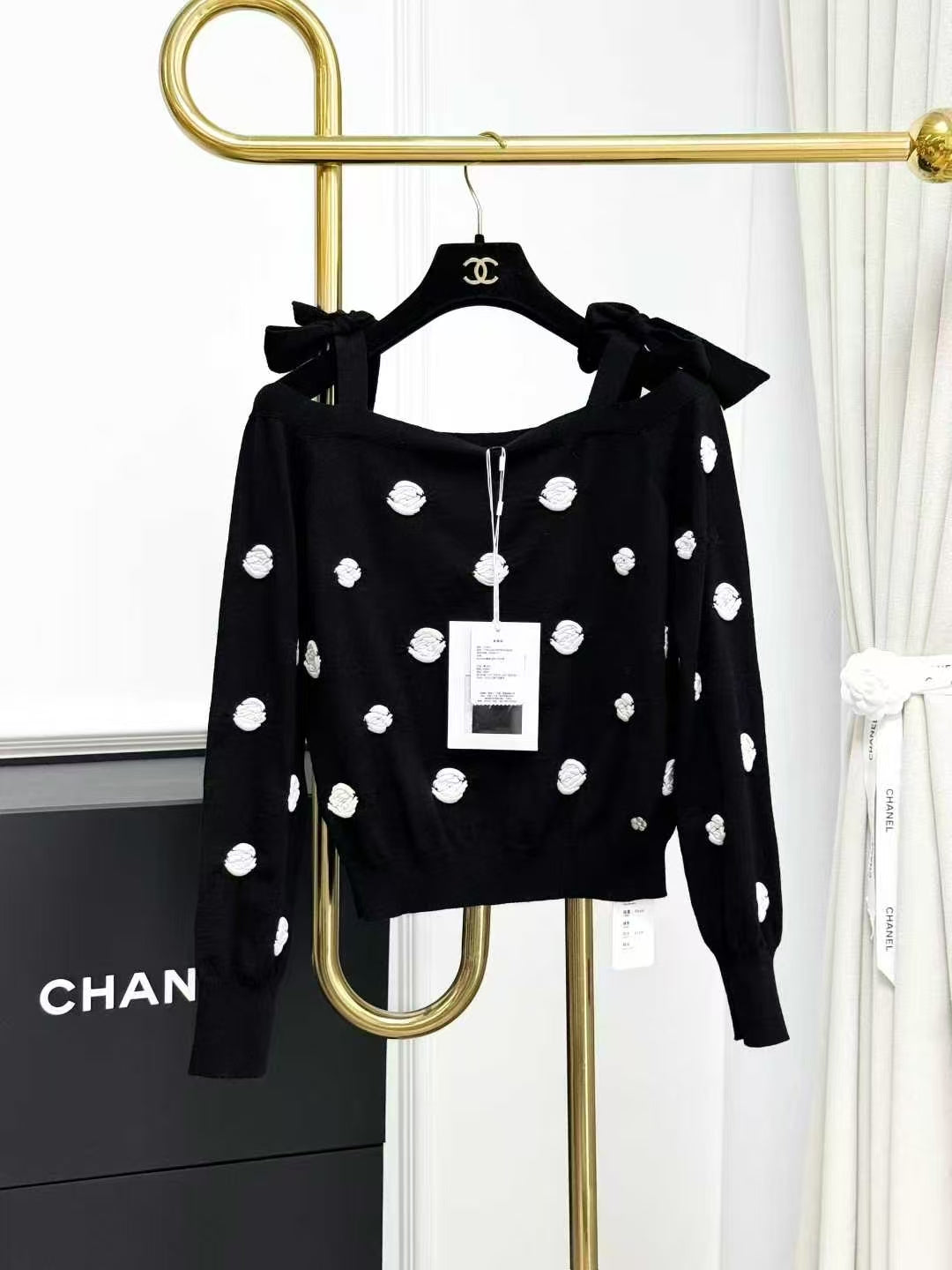 Chanel 23K Black and White Camellia Knit Halter Top