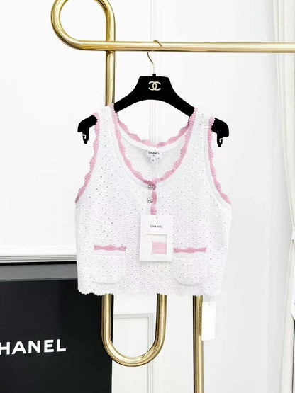 Chanel 24P White Knit Lace-Up Camisole with Pink Trim