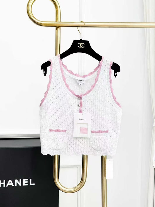 Chanel 24P White Knit Lace-Up Camisole with Pink Trim
