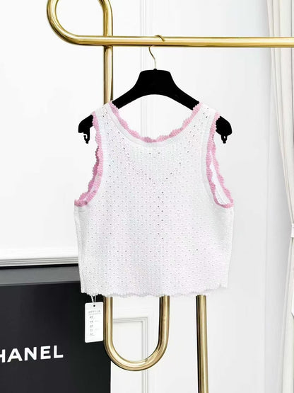 Chanel 24P White Knit Lace-Up Camisole with Pink Trim