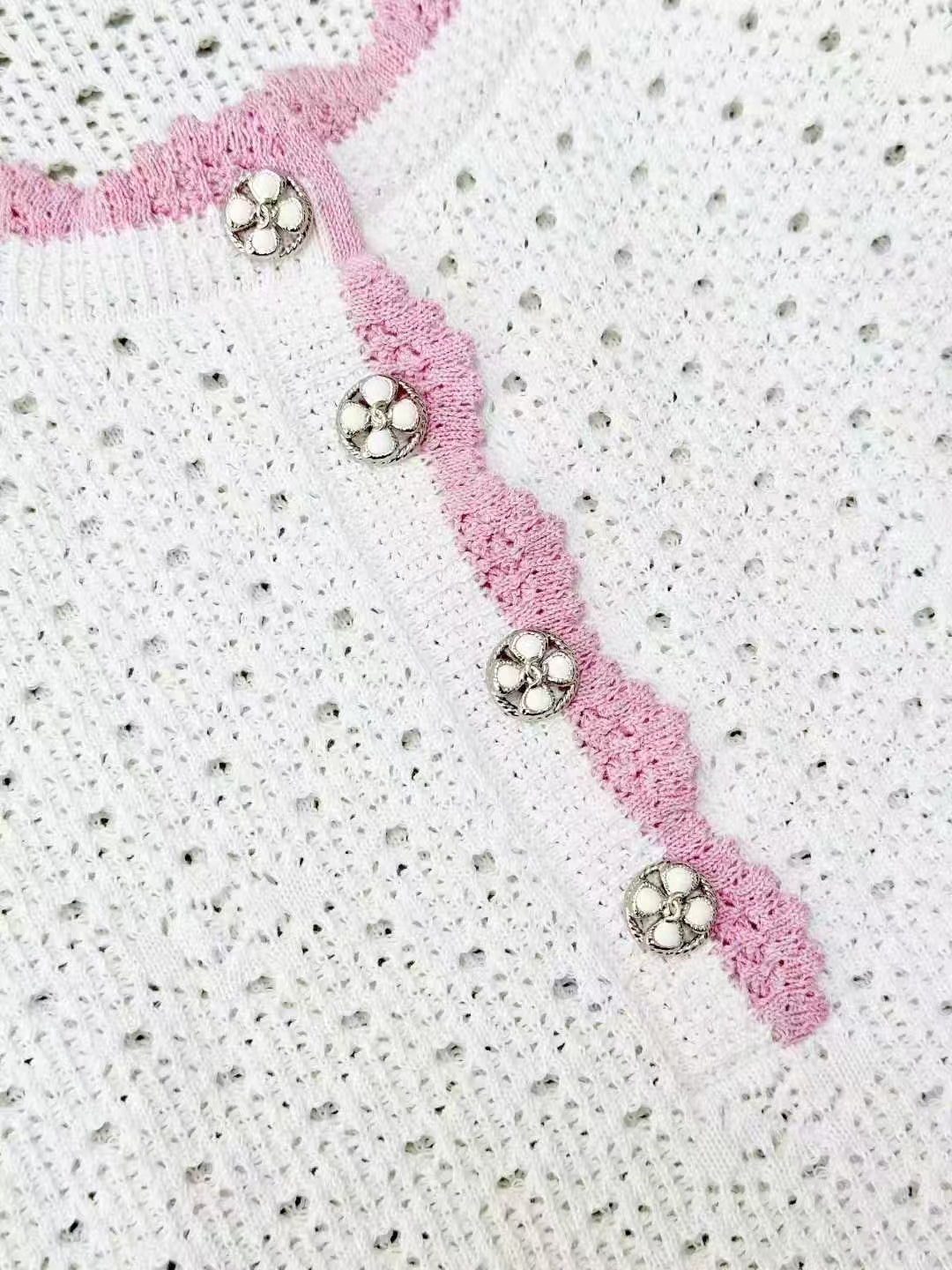 Chanel 24P White Knit Lace-Up Camisole with Pink Trim
