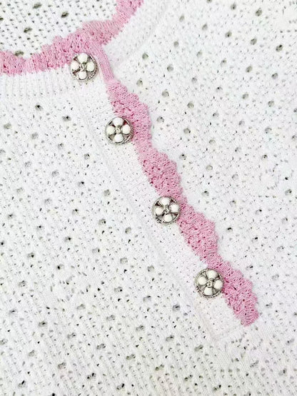Chanel 24P White Knit Lace-Up Camisole with Pink Trim