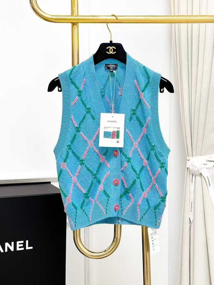 Chanel 24A Blue Two-Tone Diamond Quilted Double C Knit Sleeveless Cardigan