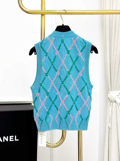 Chanel 24A Blue Two-Tone Diamond Quilted Double C Knit Sleeveless Cardigan