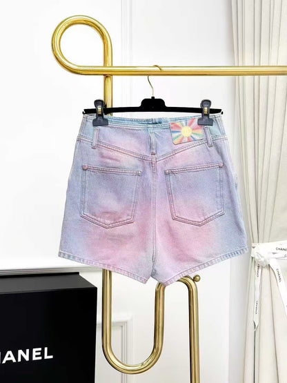 Chanel 24C Pre-Spring Pink Gradient Double C Diamond Buckle Denim Shorts