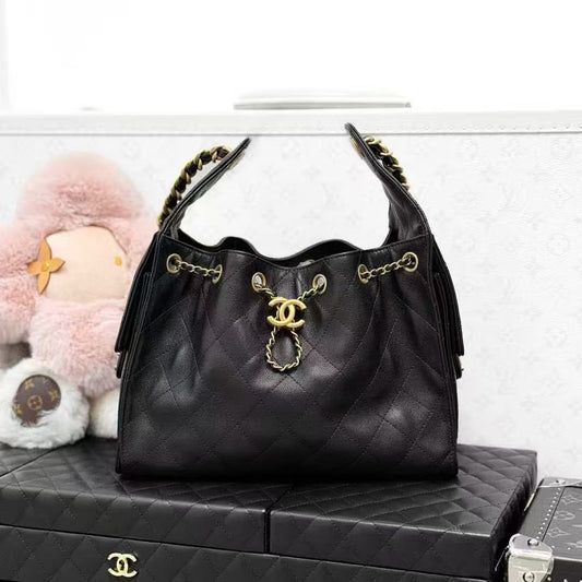 Chanel 25S Bestseller 25 Bag Black Gold Grained Leather Quilted Shoulder Bag